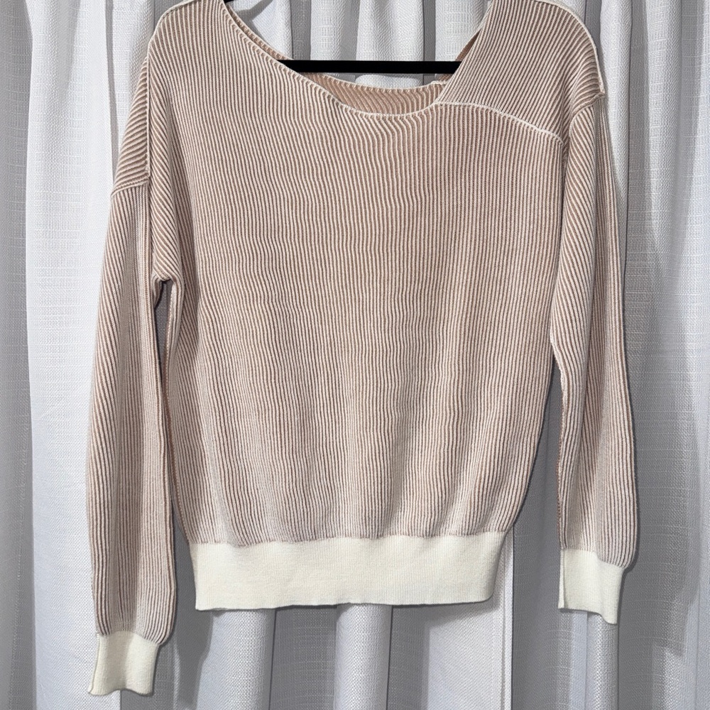 REVOLVE Blush Off-the-Shoulder Ribbed Sweater with White Trim